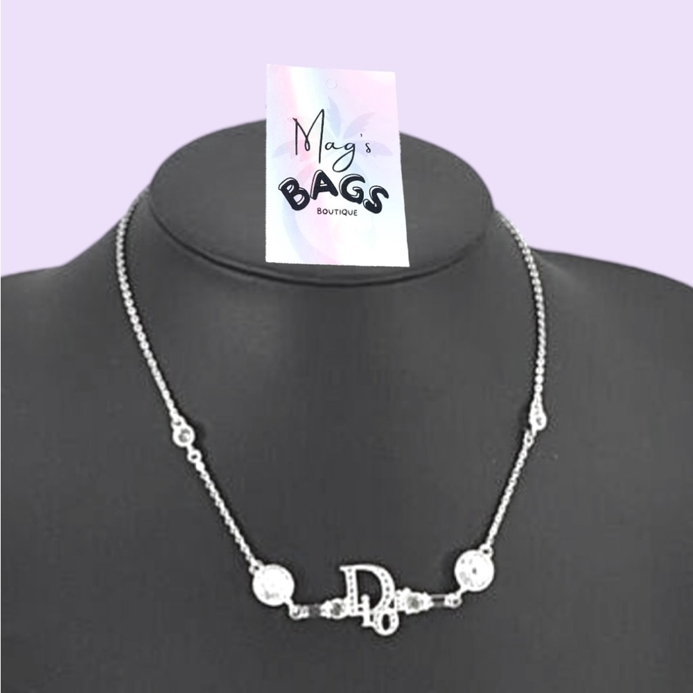 Dior: Crystal Logo Bar Rhinestone Silver Necklace - Picture 2 of 16
